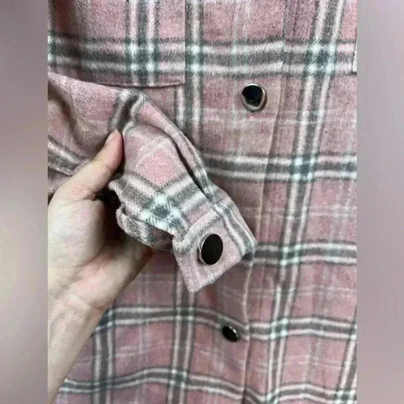 Miss Sparkling Button Down Pink White Plaid Silver Buttons Shirt Shacket Women M - Picture 2 of 13